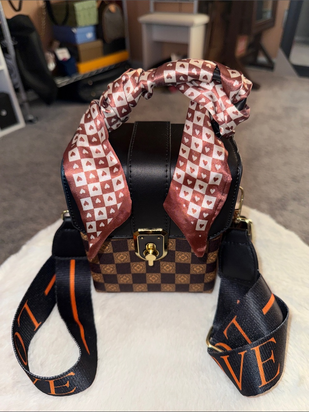 Brown Checkered Crossbody Satchel with Scarf Accent